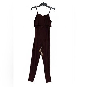 POL Burgundy Ruffle Jumpsuit Feather Tassel Boho Wine S NWOT